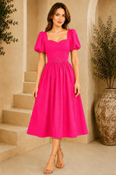 Pink Puff Sleeve Belted Midi Dress