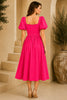 Pink Puff Sleeve Belted Midi Dress