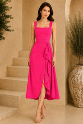 Pink Square Neck Cascade Draped Midi Dress