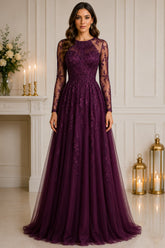Plum Embroidered Tulle Evening Gown