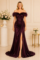 Plum Feather Off Shoulder Gown