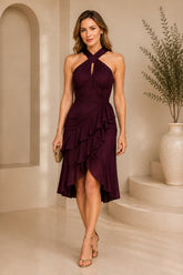 Plum Halter Ruffle Wrap Dress