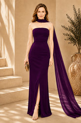 Purple Cape Column Evening Gown