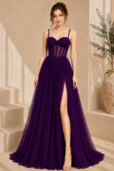 Purple Corset Tulle High Slit Evening Gown