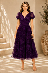 Purple Floral Embroidered Midi Dress