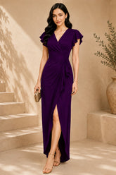 Purple Flutter Sleeve Wrap Evening Gown