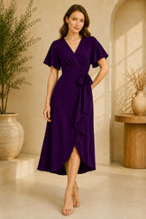 Purple Flutter Sleeve Wrap Midi Dress