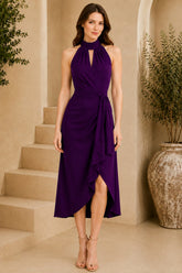 Purple Halter Draped Wrap Midi Dress