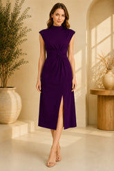 Purple High Neck Knot Waist Midi Dress