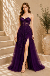 Purple Lace Applique High Slit Tulle Evening Gown