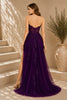 Purple Lace Applique High Slit Tulle Evening Gown