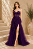 Purple Lace Applique High Slit Tulle Evening Gown