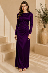Purple Long Sleeve Draped Satin Column Gown