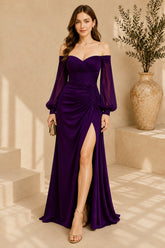Purple Off Shoulder Ruched High Slit Evening Gown