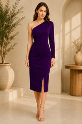 Purple One Shoulder Ruched Midi