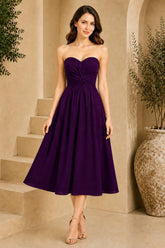 Purple Strapless Ruched Waist Midi Dress