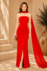Red Cape Column Evening Gown
