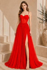 Red Corset Tulle High Slit Evening Gown
