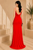 Red Cowl Neck High Slit Evening Gown