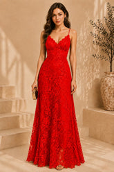 Red Floral Lace Evening Gown
