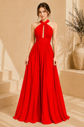 Red Halter Pleated Evening Gown