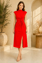 Red High Neck Knot Waist Midi Dress