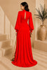 Red Keyhole Balloon Sleeve Evening Gown