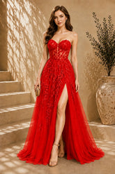 Red Lace Applique Tulle Evening Gown