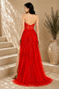 Red Lace Applique Tulle Evening Gown