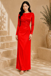 Burgundy Long Sleeve Draped Satin Column