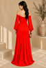 Red Off Shoulder Ruched High Slit