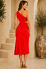 Red One Shoulder Knot Waist Midi Dress