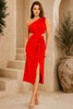 Red One Shoulder Knot Waist Midi Dress