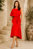 Red One Shoulder Draped Midi Dress