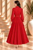 Red Pleated Belted Shirt Maxi Dress