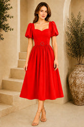 Red Puff Sleeve Belted Midi Dress