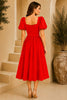 Red Puff Sleeve Belted Midi Dress