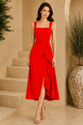 Red Square Neck Cascade Draped Midi Dress
