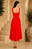 Red Square Neck Cascade Draped Midi Dress