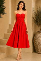 Red Strapless Ruched Waist Midi Dress