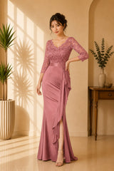 Rose Satin Ruffle Gown