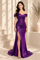 Royal Purple Sequin Off-Shoulder Mermaid Evening Gown