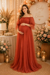Rust Off Shoulder Tulle Maternity Maxi Gown