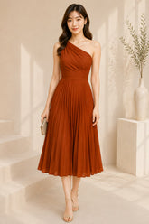 Rust One Shoulder Pleated Midi Dress