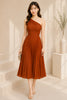 Rust One Shoulder Pleated Midi Dress