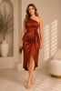 Rust Satin One Shoulder Wrap Dress