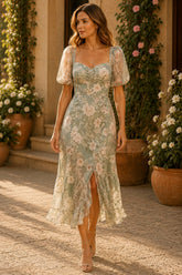 Sage Bloom Puff Sleeve Floral Midi Dress