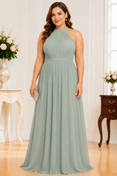 Sage Green Halter Neck Chiffon Plus Size Maxi Dress