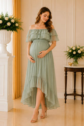 Sage Green Off Shoulder Chiffon High Low Midi Dress