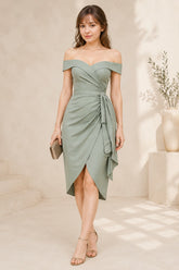 Sage Green Off Shoulder Wrap Midi Dress
